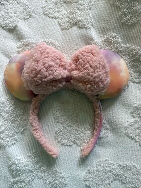 Disney Pastel Tie-Dye Ear Headband with Pink Sherpa Bow